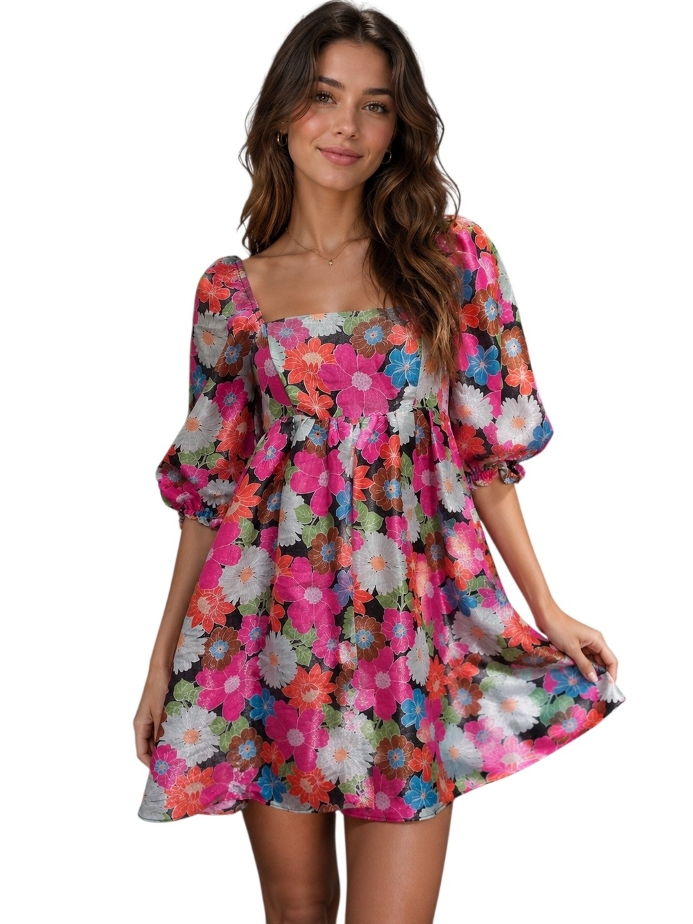STORIA Wildflower Fields Floral Shimmer Babydoll Mini Dress – Puff Sleeve. Small